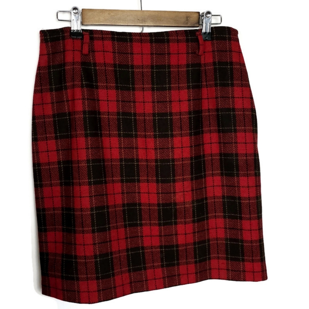 Liz Sport Petite Vintage Red And Brown Plaid Wool Skirt Size 12